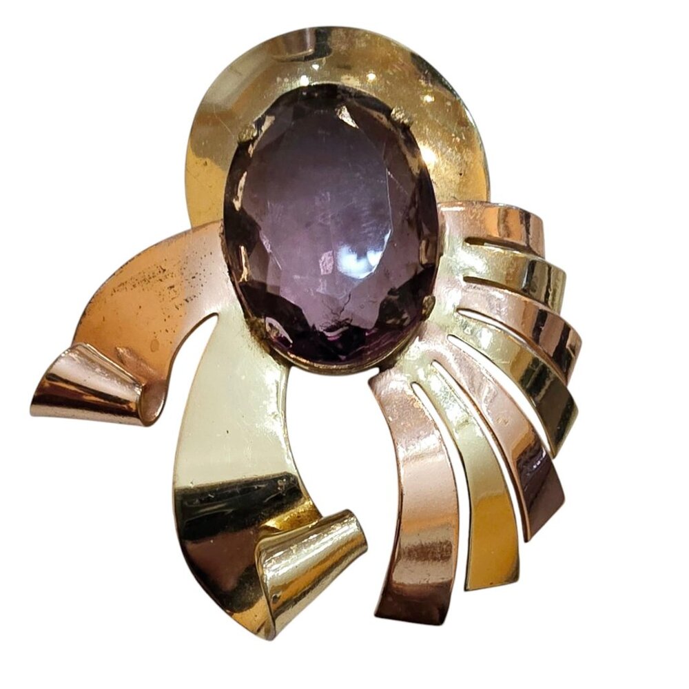 Vintage Faceted Unsigned Coro Pinky Gold & Gold Faceted Glass Dress Clip (A1051)